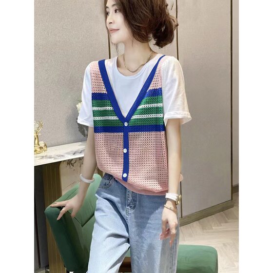 Pink Stitching Fake Two-piece Short-sleeved Shirt Women's Casual Shirt European Fashion 2024 Spring and Summer New European Station