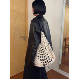 现 2025夏季新款韩国设计师Lfm度假大容量编织网兜托特包