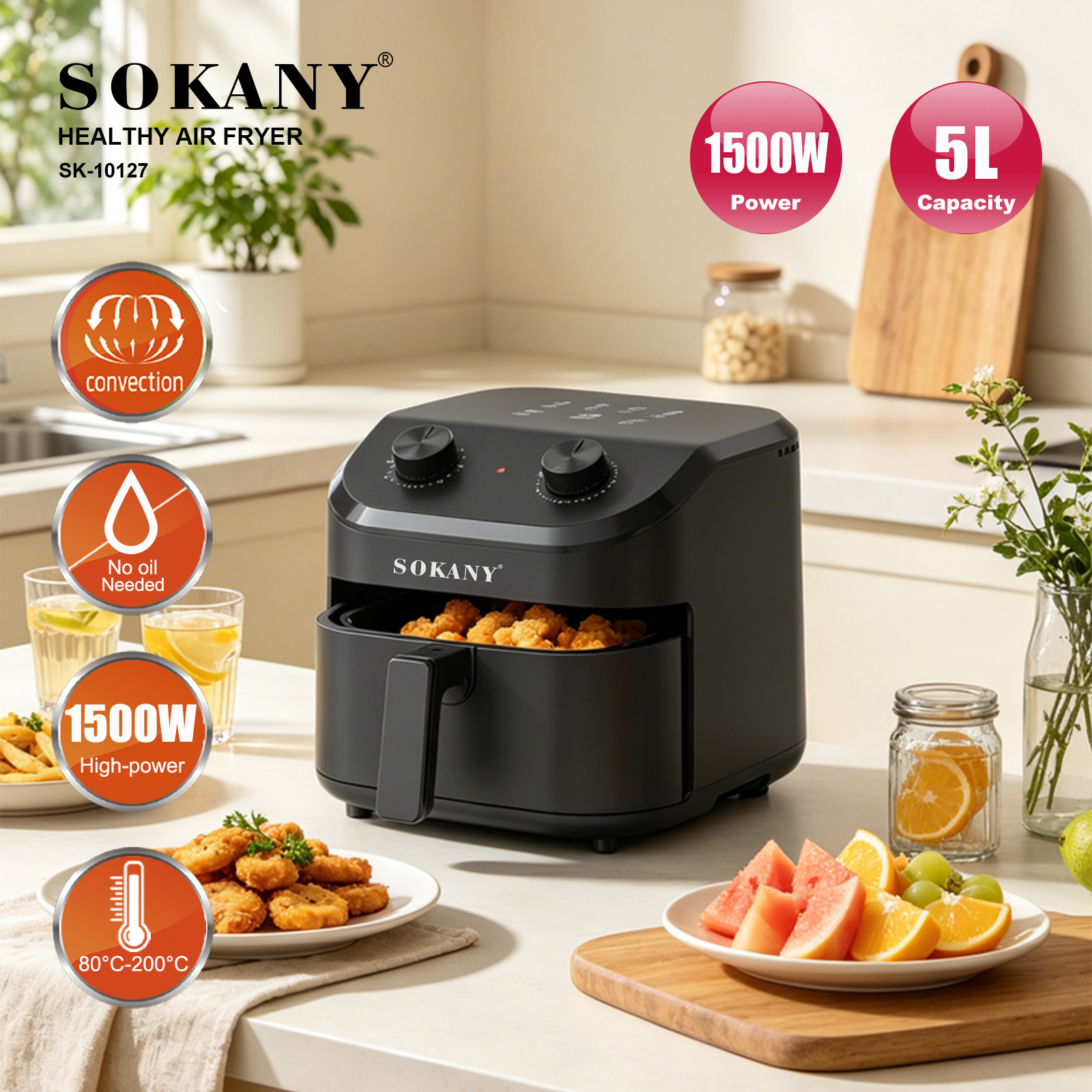 Export Sokany10127 Household Air Fryer 5L Capacity Electric Fryer Multi-Functional Oil-Free Healthy Fryer