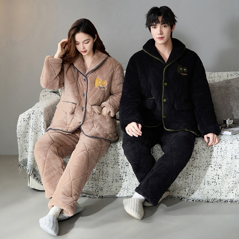 Tres capas gruesas de algodón acolchado pareja pijama de coral vello de invierno para hombres y mujeres ropa doméstica de algodón chaqueta se puede usar fuera