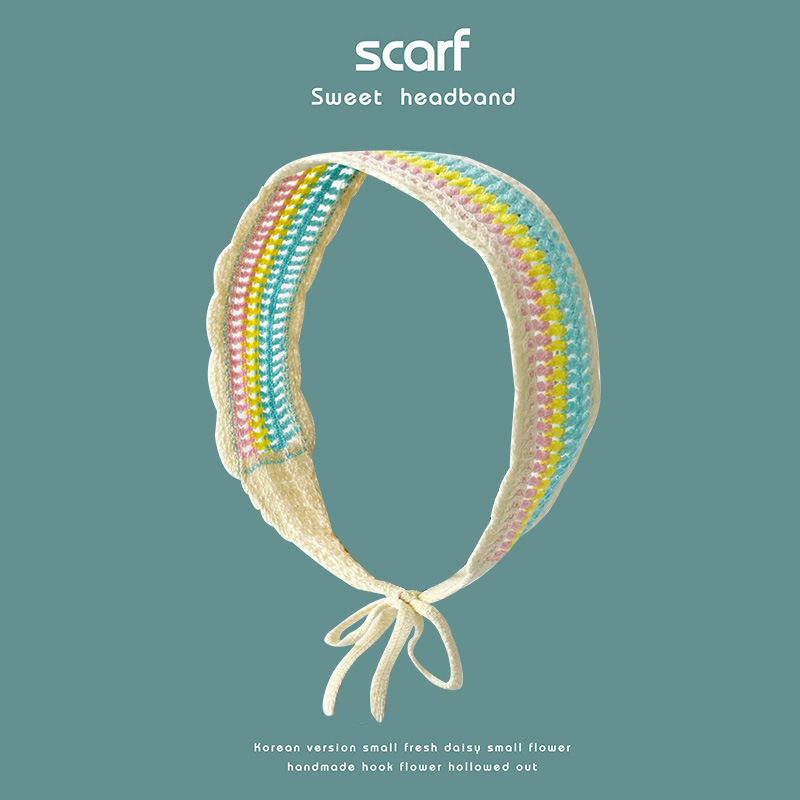 Nuevo colorido estilo étnico hecho a mano de ganchillo tejido banda de pelo de ala ancha estilo pastoral retro de las mujeres banda de pelo bolsa pañuelo sombrero