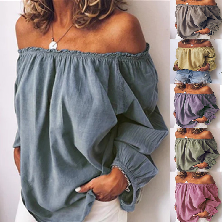 2025 Spring/Summer Amazon European and American Cross-Border Off-Shoulder Elastic Ruched Cotton-Linen Solid Color Long-Sleeve Women's Shirt in Stock