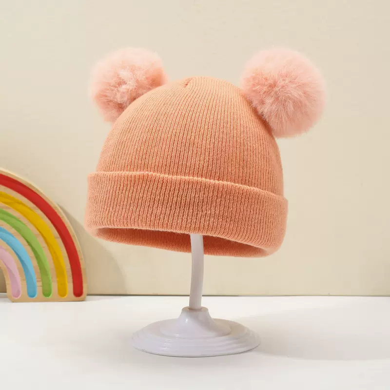 跨境新款儿童针织帽婴儿毛线双球帽子纯色保暖套头帽宝宝秋冬帽