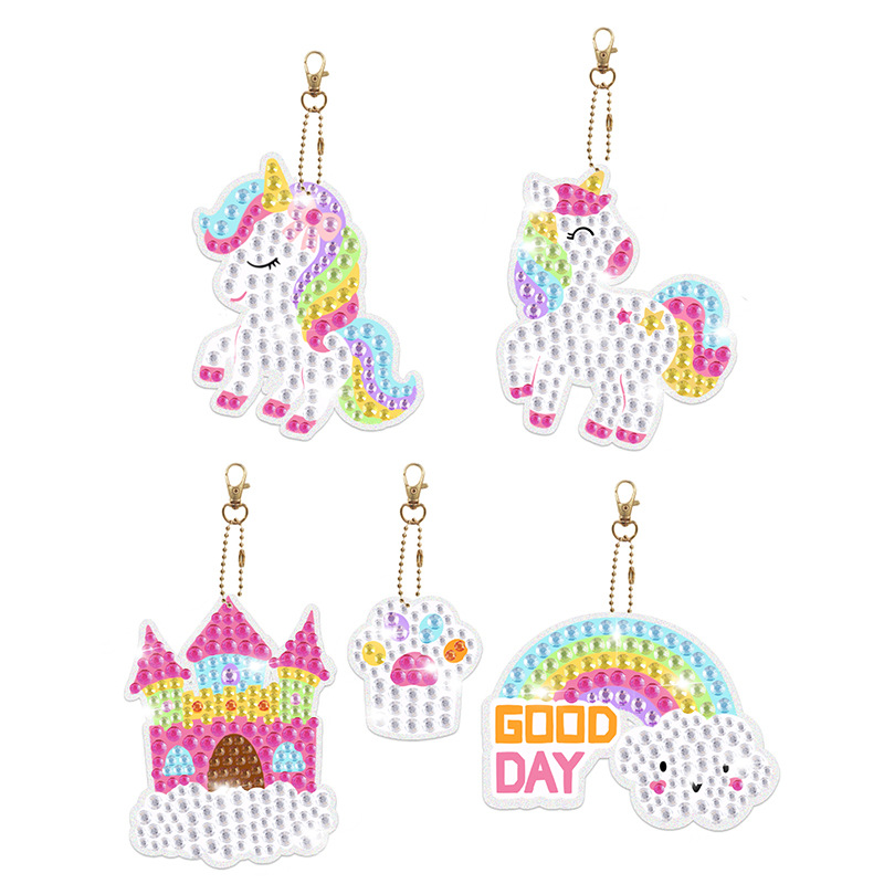 Llavero de pintura de diamantes hecho a mano, juego de 5 piezas de acrílico DIY, sirena, unicornio, colgante de diamantes de cristal para niños