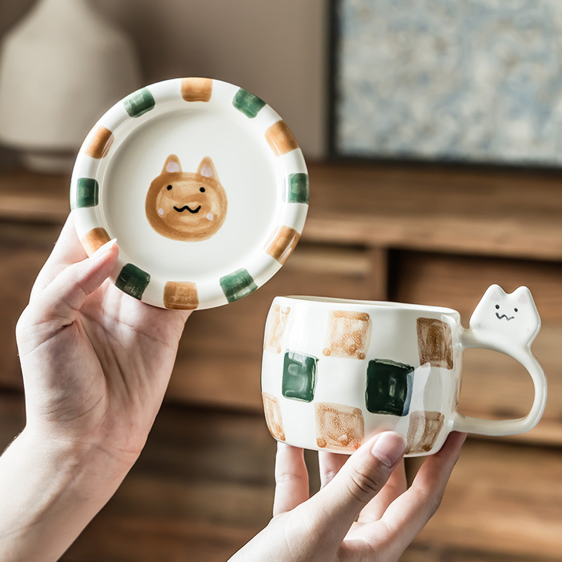 Caricatura pintada a mano tazas y platos set restaurante tazas de café de la tarde té platos dulces platos caseros tazas de desayuno platos al por mayor