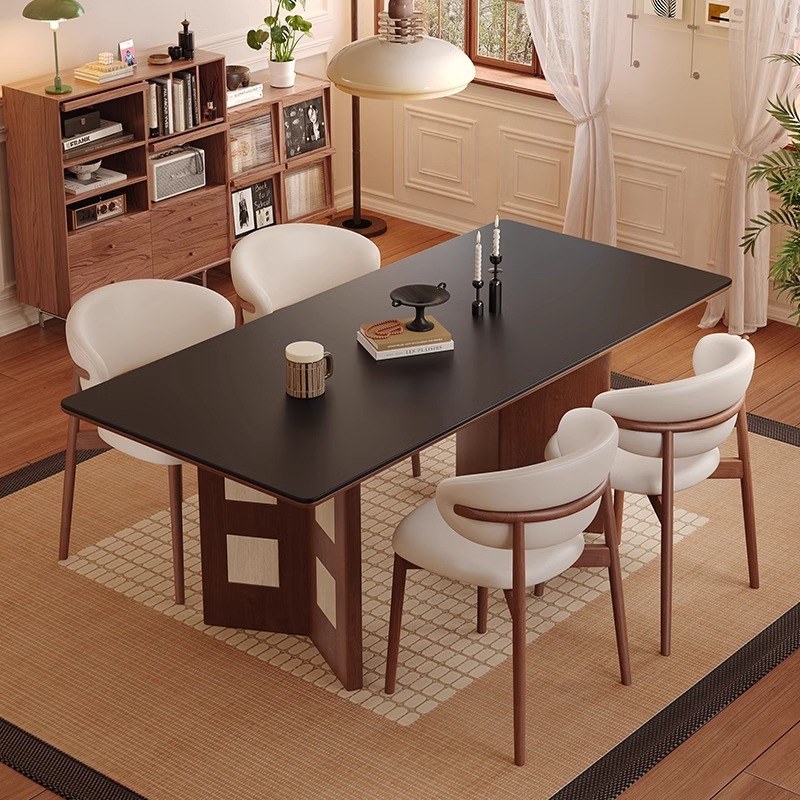 Mesa de comedor Carmen de madera maciza de estilo medio, tablero de roca travertino 2024 nuevo hogar pequeño apartamento francés retro familia nórdica