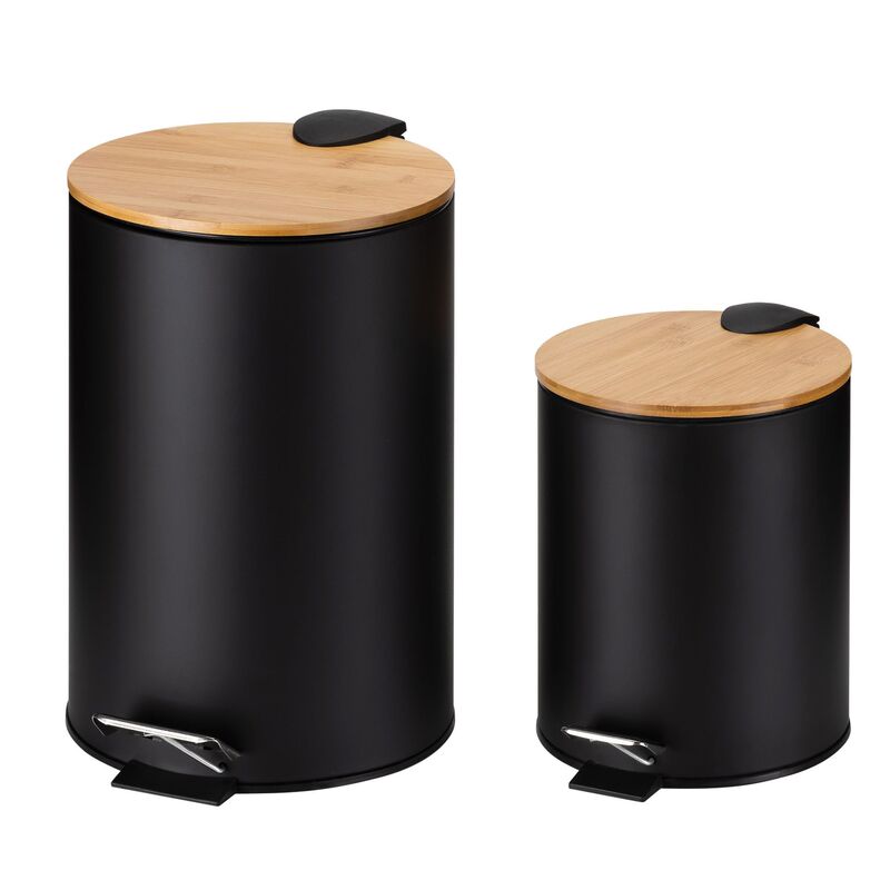 Forest Style Thin Bamboo Lid Spraying Powder with Slow-Down Silent Foot-Operated Trash Can, Simple and Natural Style