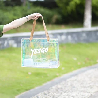 炫彩现货镭射袋pvc透明手提袋伴手礼品袋制定时尚单肩果冻化妆包