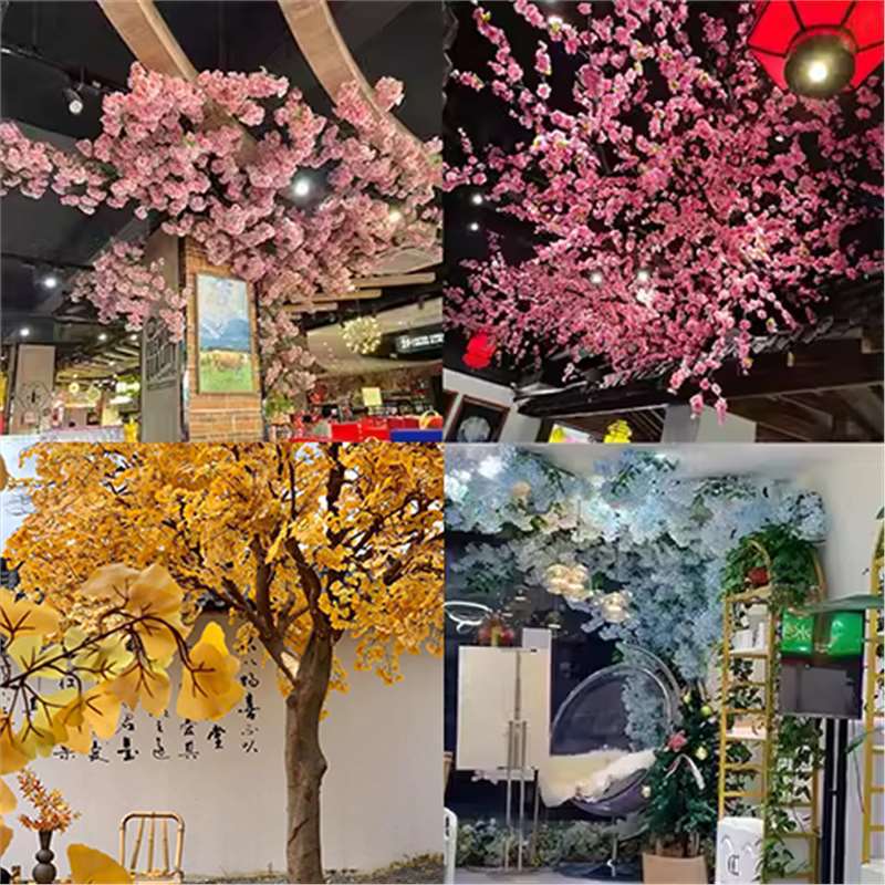 インターネット有名人の壁模擬桜の枝偽桃の花緑の植物天井屋内天井フラワールームトップ籐装飾造園|undefined