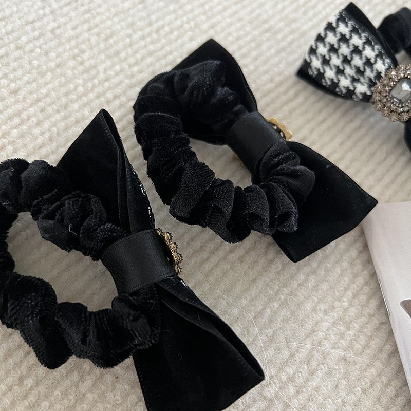 Classico anello per capelli con diamante grigio pied de poule bianco e nero, fiocco delicato, semplice elastico per capelli in tessuto, anello giapponese e coreano per l'intestino crasso_voghion.com