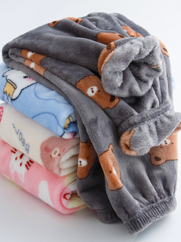 Children's Thick Sleep Pants Coral Fleece for Autumn and Winter, Loose Home Pants for Boys, Warm Baby Pants, Plush Long Pants for Girls