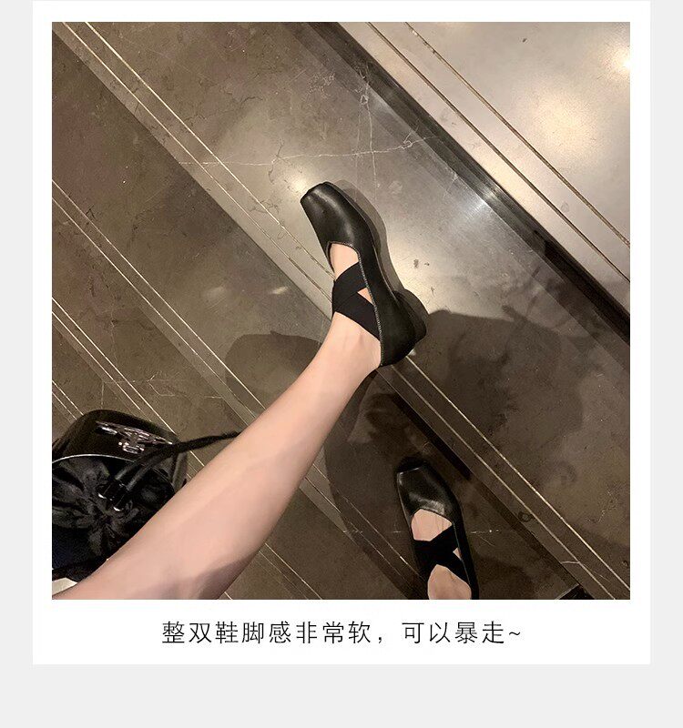 Giày búp bê nữ mũi vuông da cừu phối quai chéo, đế bệt gót thô 5 cm — Da đen (gót dày), Da đen (đáy phẳng), Màu trà sữa (gót dày), Màu trà sữa (đáy phẳng) chi tiết 37