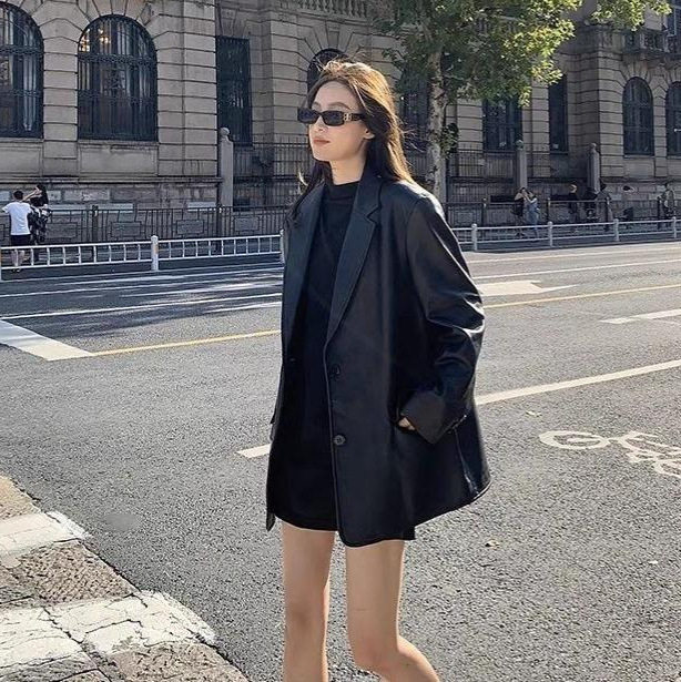 Áo khoác da PU dáng vest nữ phong cách đường phố, tay dài, form rộng — Màu đen [mẫu chất lượng cao]