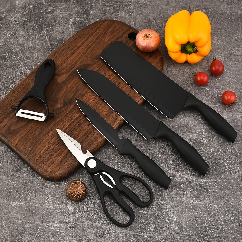 Venta al por mayor directa traje de cuchillo de cocina pintura en aerosol de acero inoxidable conjunto de cinco piezas regalo cuchillo de cocina conjunto completo combinación