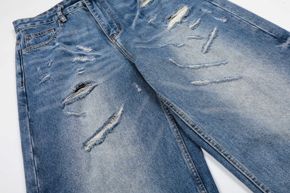 Men's High Street Trendy Ripped Washed Distressed Jeans Loose Fitting Casual Straight Leg Versatile Wide Leg Pants_mkmklike.com