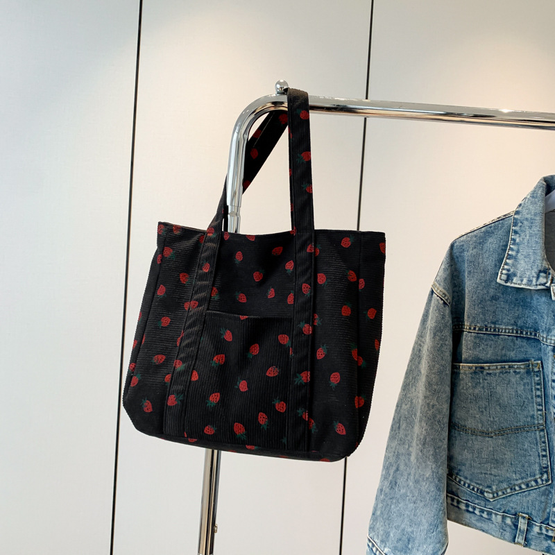 Strawberry Print Corduroy Zip Double Handle Tote Bag 7