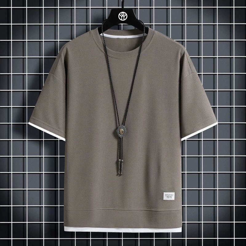 Трансграничные вафли с короткими рукавами мужские летние поддельные топы из двух частей оптом ледяной шелк тонкая футболка с круглым вырезом