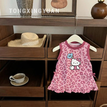 童星圆新款甜酷粉豹纹!女宝宝夏季时髦可爱kitty蝴蝶结洋气背心裙