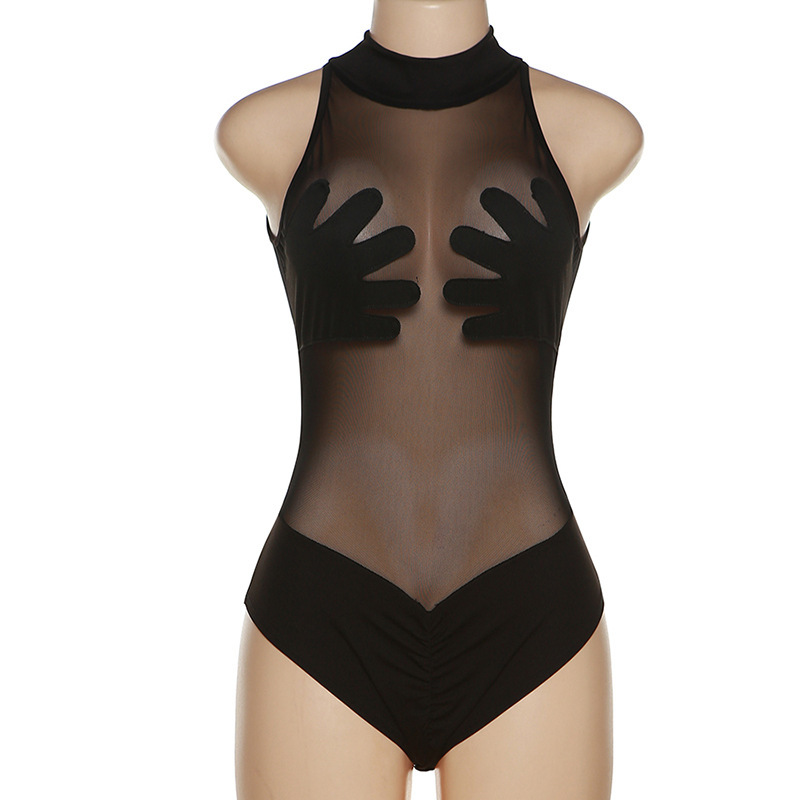 Estilo europeo y americano 2024 verano nuevo estilo ropa de mujer sexy transparente malla camiseta contraste costura delgada mono mujer