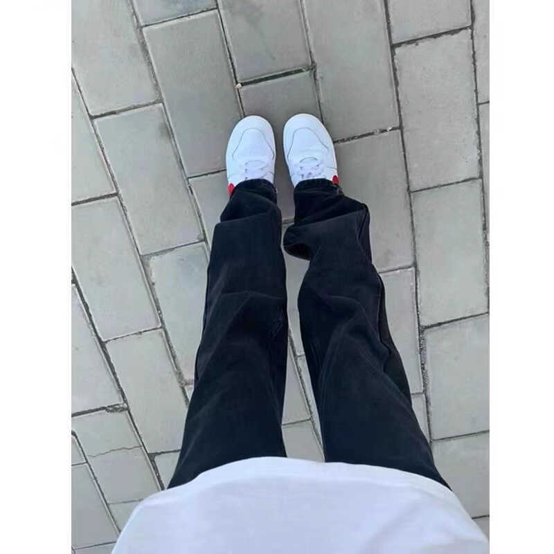 美式高街窄版直筒纯黑色牛仔裤女高腰宽松显瘦小个子烟管堆堆裤子