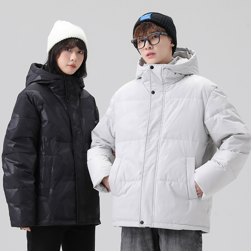 후드 다운 재킷 짧은 겨울 남성 커플 트렌디 루즈 두꺼운 빵 재킷 화이트 오리 다운 따뜻한 캐주얼 탑