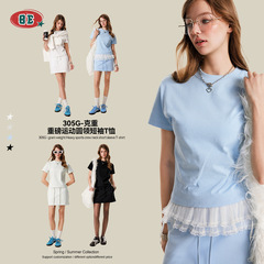 BE Women's Clothing | 2025 Summer American Street Pure Cotton Short Size Pure Color Front Shoulder 305G Casual Sports Women's T-shirt Wholesale