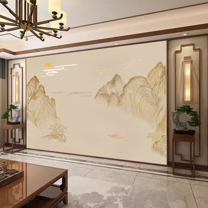 中式水墨山水电视背景墙壁纸办公室茶室饭店包厢沙发墙纸壁画墙布-阿里巴巴