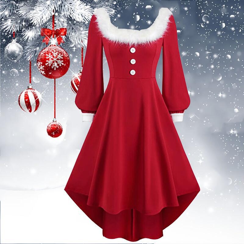Customized European and American Cross-Border Foreign Trade Christmas Autumn and Winter New Long-Sleeved Red Button Plush Princess Dress Performance