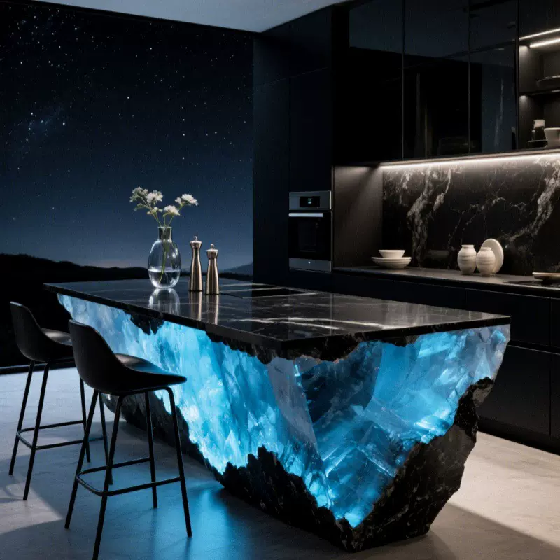 意式奢石岛台定制会所前台透明树脂发光吧台水晶岛台高端创意茶桌