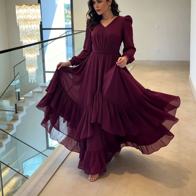 Spring 2026 European and American Amazon cross-border waist-cinching layered ruffle ball gown for wedding guests and evening banquets Spring 2026 European and American Amazon cross-border waist-cinching layered ruffle ball gown for wedding guests and evening banquets