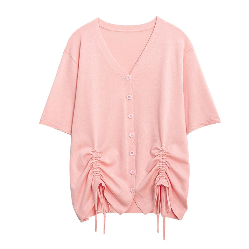 knitted Summer T-shirt Cardigan, plus size V-neck with drawstring, short sleeve