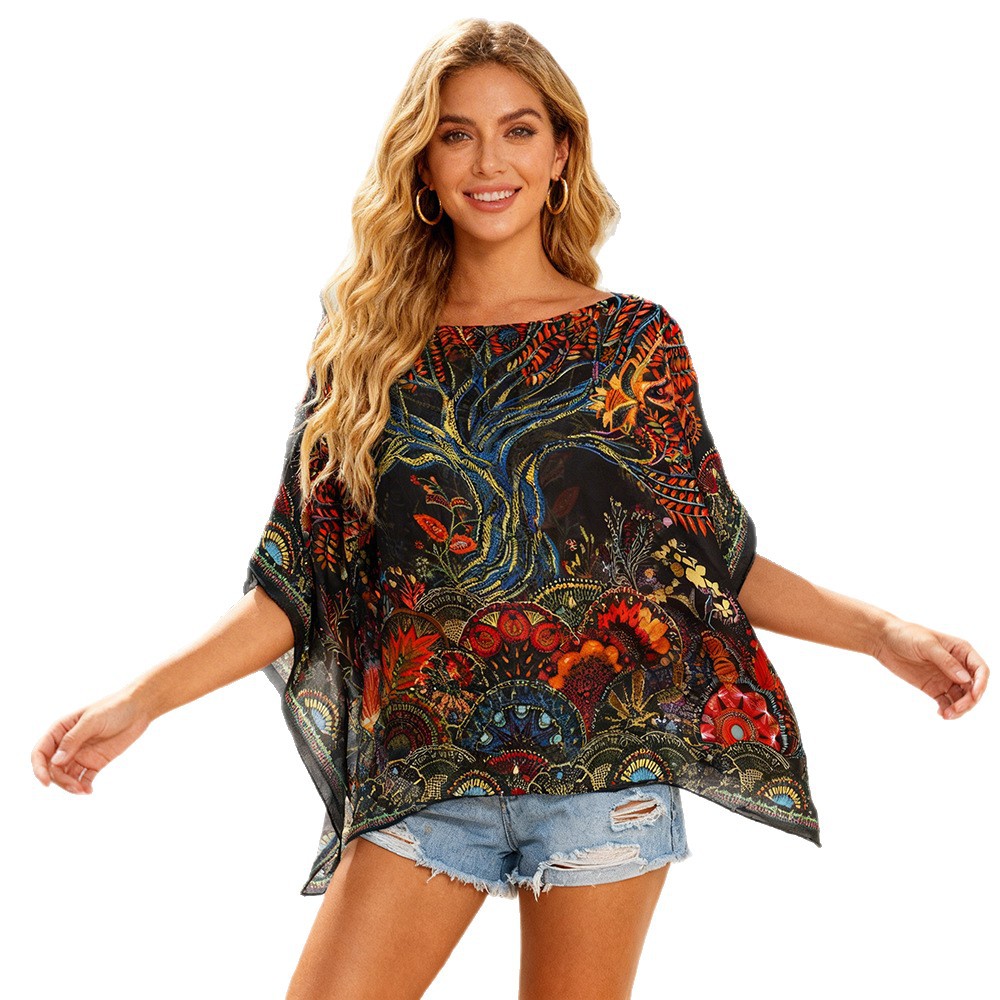 Amazon Aliexpress Europa y Estados Unidos impresa shoal blusa suelta Casual 2026 blusa explosiva bikini blusa protector solar