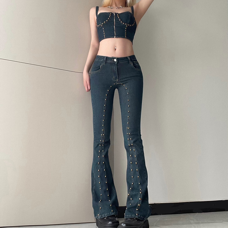 Big Sale for Low Price # European and American Retro Sexy Hot Girl Style Slim Fit Micro-Flared Jeans with Rivet Design