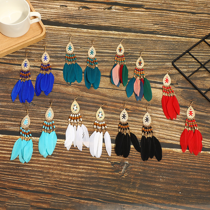 Cross-Border Bohemian Feather Earrings for Studio Photography, Fashionable Water Drop Niche Exaggerated Ethnic Style Tassel Earrings for Women