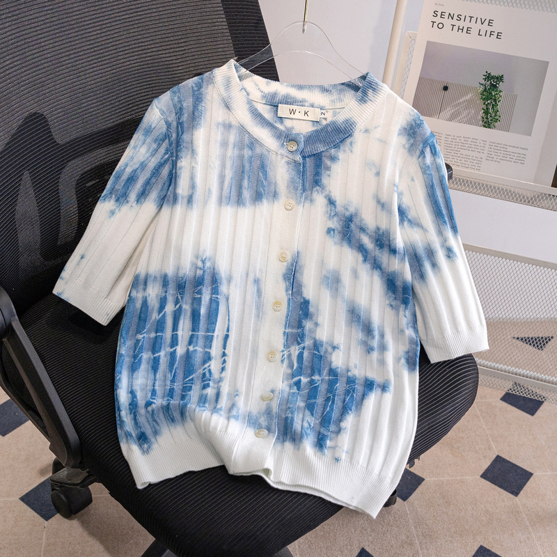 Handmade Tie-Dye Elegant, Simple, Age-Reducing, Light and Mature Spring, Summer and Autumn Short-Sleeved Knitwears, New Women's Style Cardigan Tops