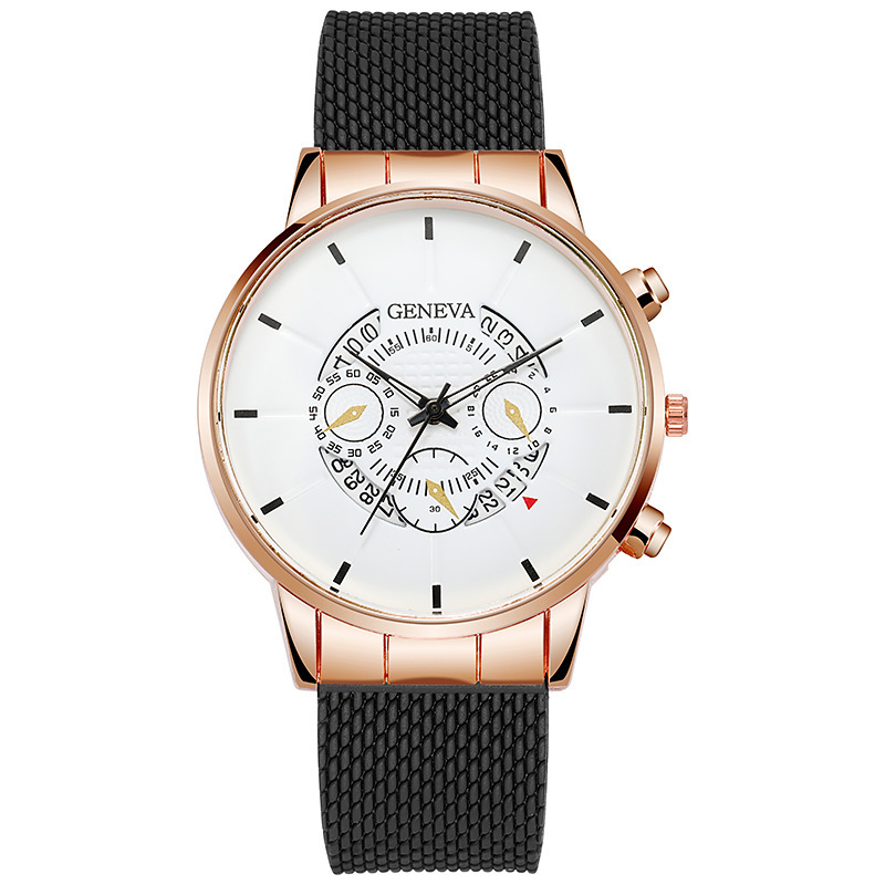 GENEVA Fake New Three Eyes Freizeit Business Kalender Gummi Mesh Herren Quarzuhr_voghion.com