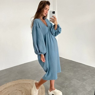2023 Winter New comfortable casual solid color loose V-neck puff sleeve elastic cuff morning gown European and American women's clothing