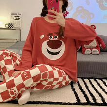 卡通甜美草莓熊圆领长袖睡衣女带胸垫春秋季休闲少女宽松加肥套装