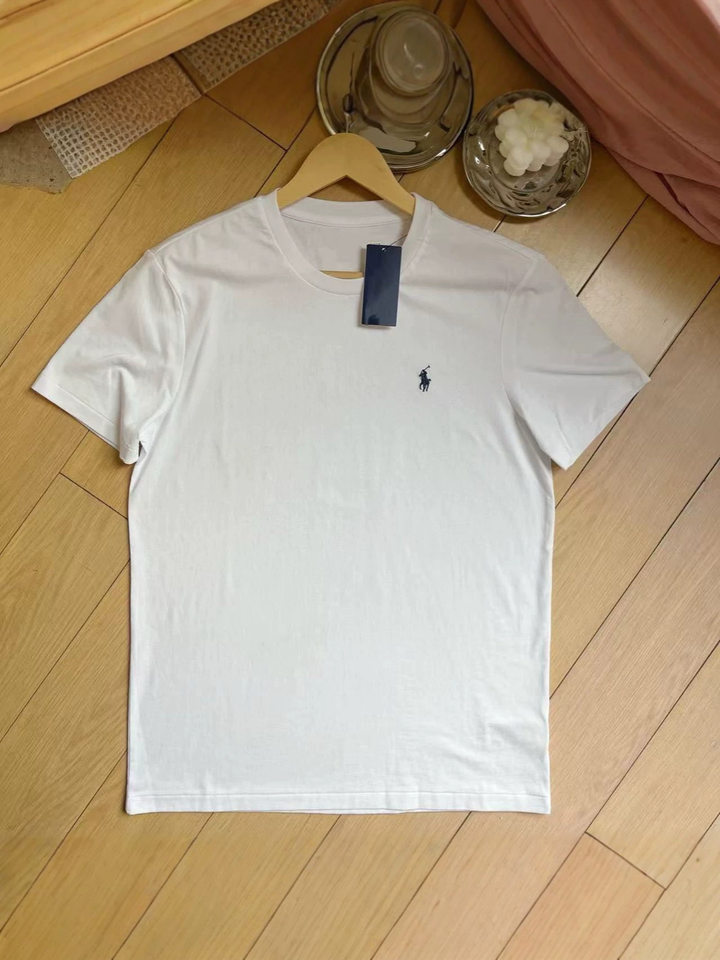 Áo thun nam cổ tròn tay ngắn thêu hình ngựa nhỏ, form rộng, chất cotton mỏng nhẹ — Màu trắng, Màu xanh tím than, Màu yến mạch, màu xám