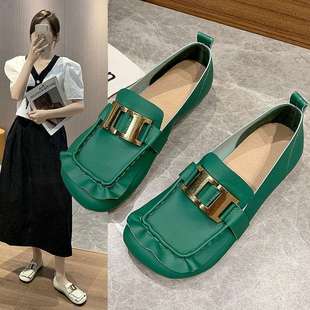 2025 European Women's New Versatile Buckle Metal Summer Flat Shallow Square Toe Tassel Green Loafers