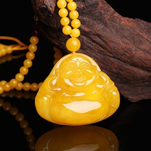 厂家直供二代蜜蜡雕刻吊坠鸡油黄弥勒佛男女蜜蜡佛公项链挂坠