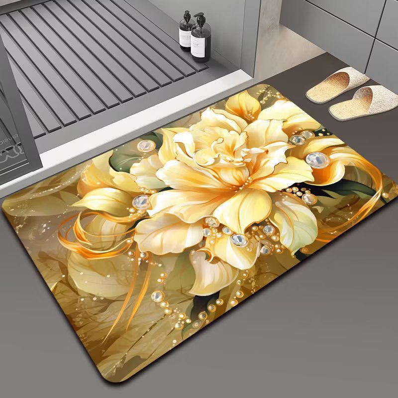 Light Luxury Golden Floral Diatom Mud Anti-Slip Mat Machine Washable and Easy to Care for Bathroom Bathroom Door Household Foot Mats