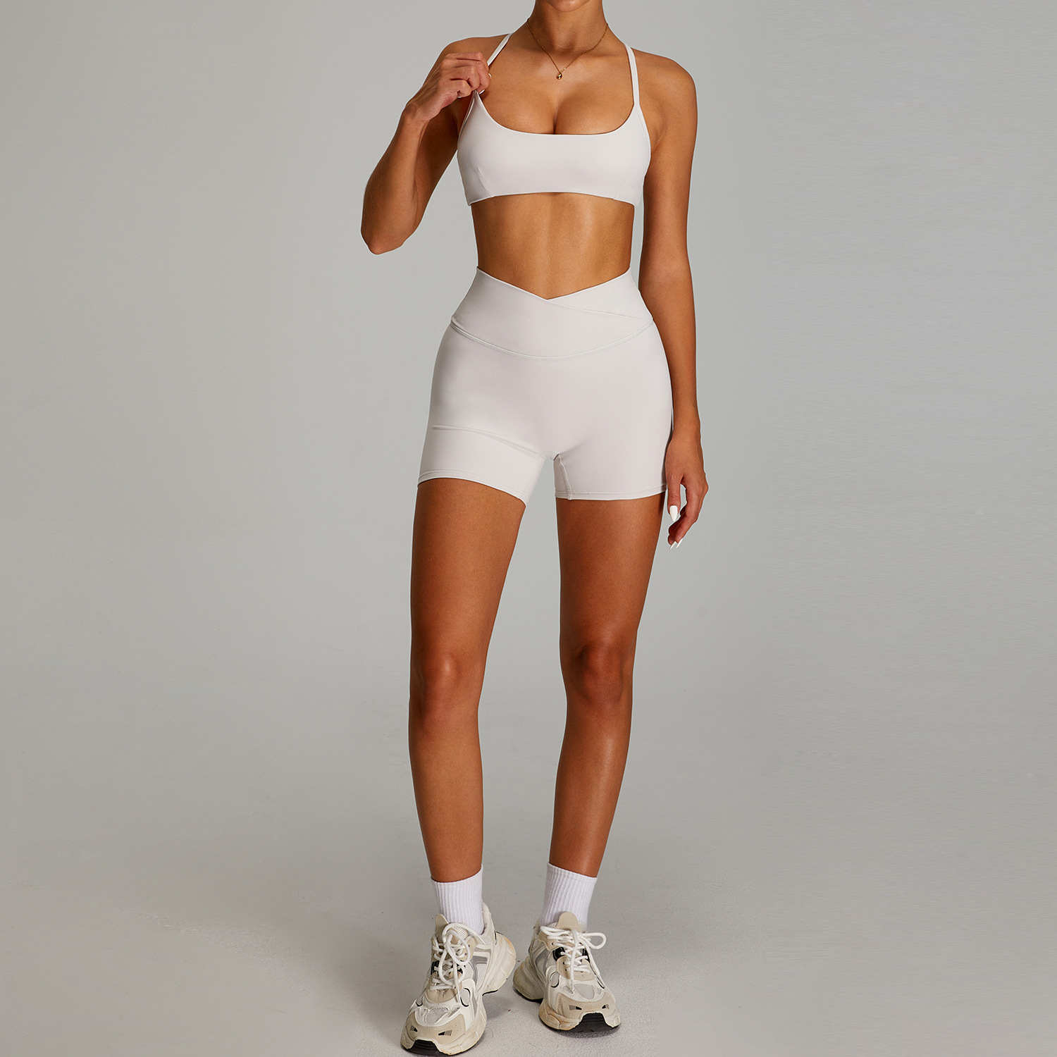 Traje de ropa de yoga desnuda de cintura alta cruzada transfronteriza, ropa de fitness ajustada de secado rápido para mujer, traje de carrera para deportes al aire libre