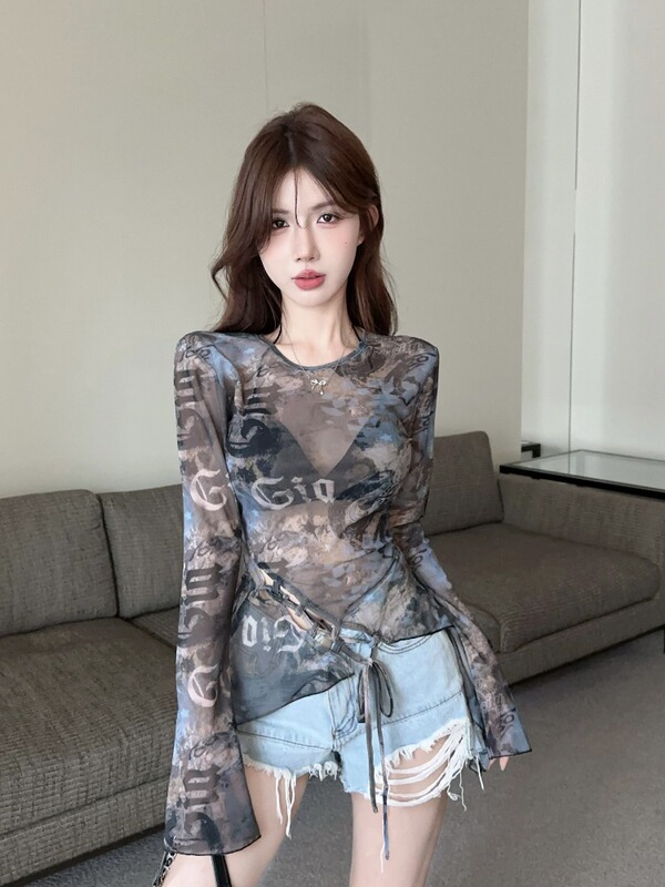 夏季薄款复古透气网纱防晒T恤女开叉绑带设计感小众辣妹长袖上衣|undefined