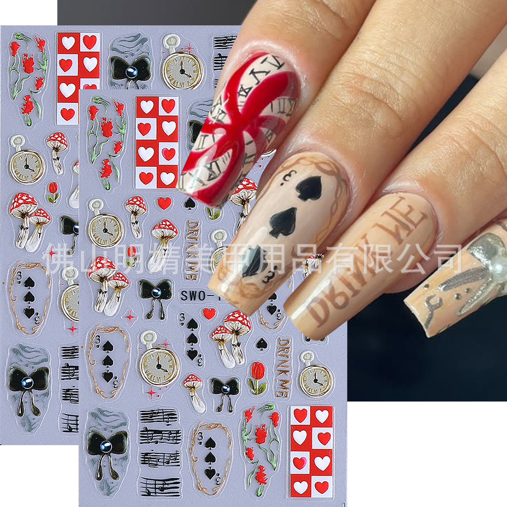 Cross-Border New Micro-Carved Nail Art Stickers Ins Alice in Wonderland Mushroom Playing Cards Bow Pocket Watch Nail Stickers