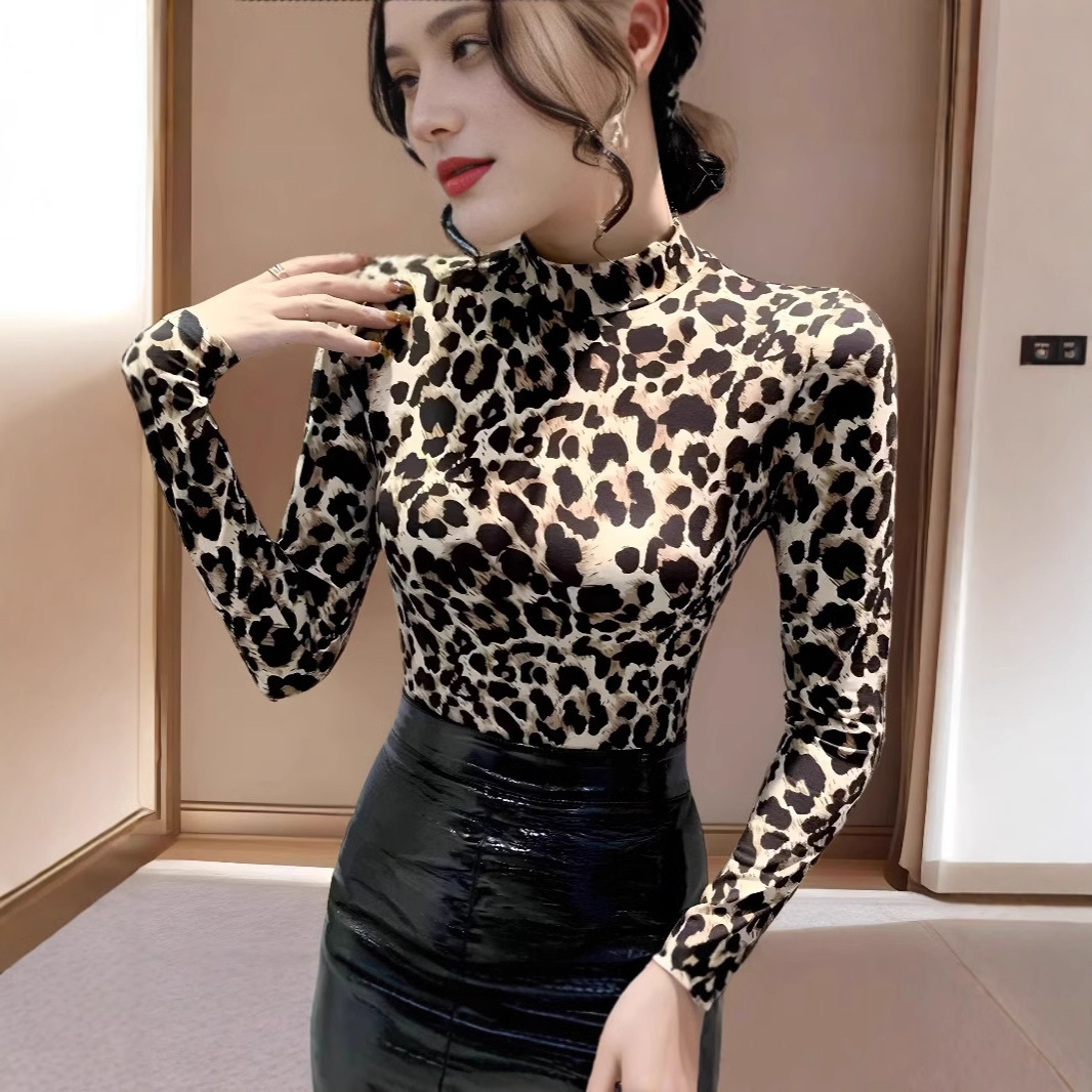 유행 조커 새로운 세미 하이 칼라 레오파드, 얼룩말 티셔츠 긴 소매 슬림 스트레치 시대 감소 세련된 704