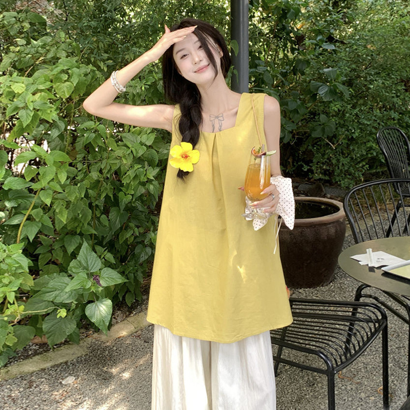韓国の新しい黄色のノースリーブベストシャツ女性のための 2025 夏の新しいリラックスしたルーズワイドレッグパンツ 2 点セット|undefined