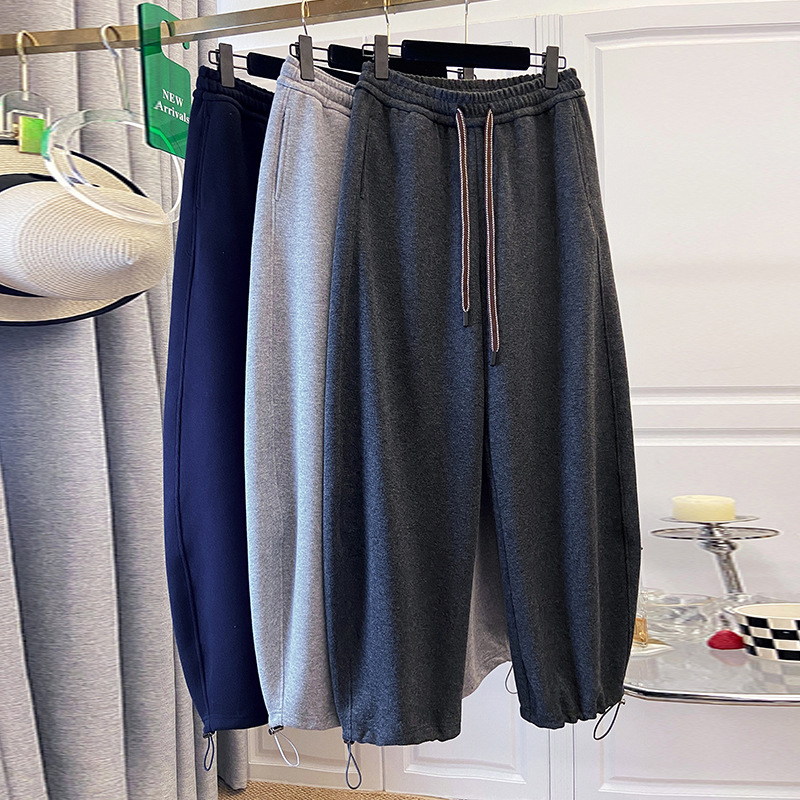 实拍2025秋冬新品宽松百搭抽绳松紧腰直筒裤纯色休闲裤女