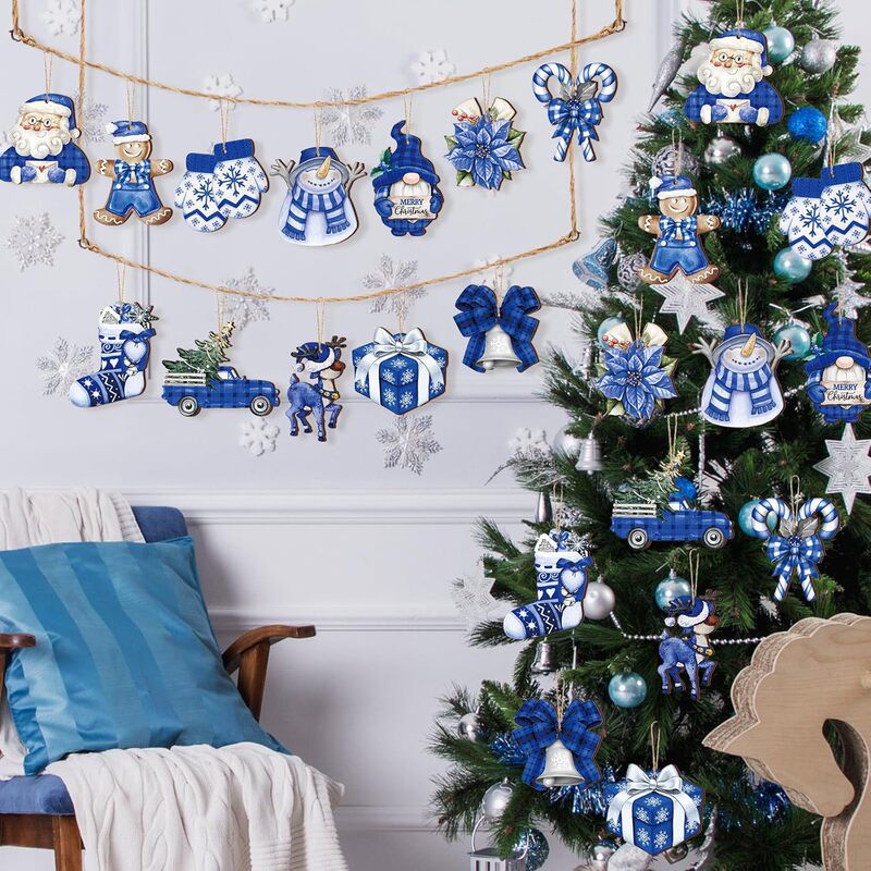 クリスマス木製装飾品ブルーレッドクリスマス装飾クリスマスレトロハンギングクラフトパーティー用品|undefined