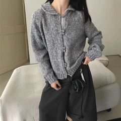 韩系简约风松弛感小翻领针织毛衣女秋冬新款慵懒百搭包扣开衫外搭